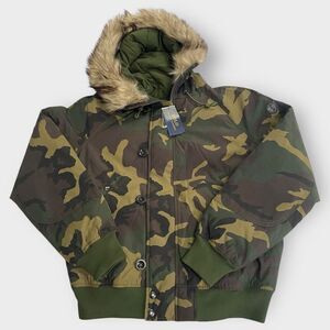 Polo Ralph Lauren Green Camo Faux Fur Trim Down Puffer Hooded Bomber Jacket NWT